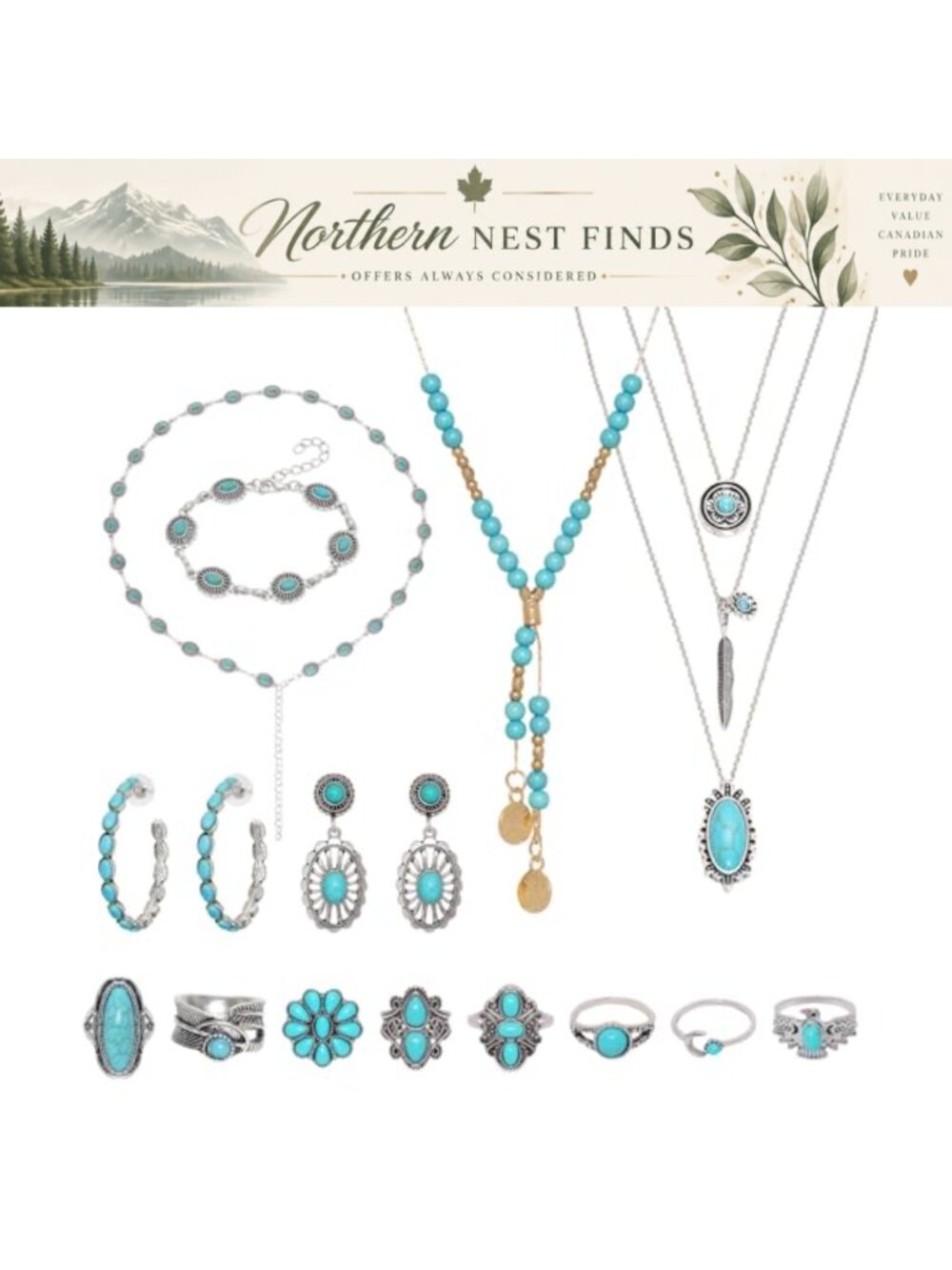 Boho Turquoise Jewelry Set 5 Piece Necklace Bracelet Earrings Belt Rings